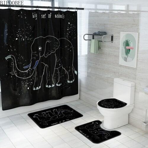 Cartoon Elephant Print Shower Curtain Waterproof Black Bathroom Curtains Pedestal Rug Toilet Lid Cover Anti-slip Carpet Bath Mat