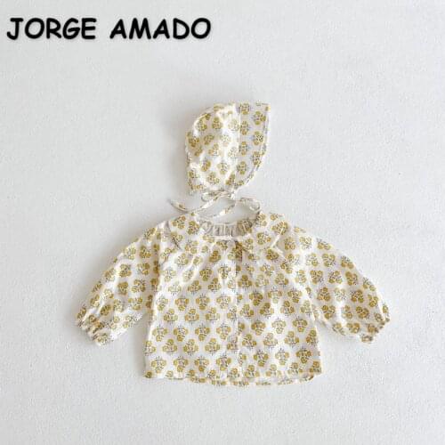 2021 New Autumn Kids Girls Yellow Floral Shirts Long Sleeves Round Collar with Cap Cotton Children Clothing 0-3 Years E3051