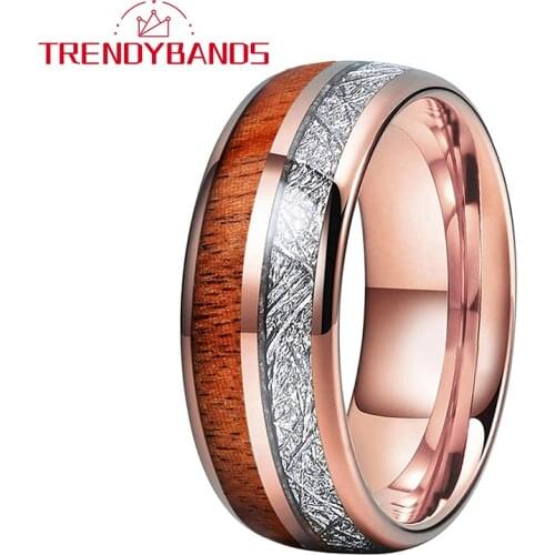 Rose Gold Wedding Ring Tungsten Carbide Ring Double Grooves With Wood And Meteority Inlay