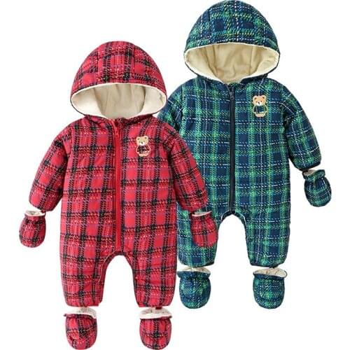 New baby boy winter coat plaid cotton plaid khaki hooded jumpsuit newborn crawling toddler snowsuit baby girl winter coat