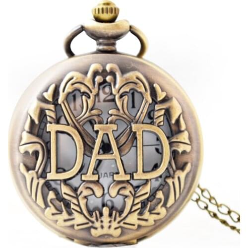 Fathers Day DAD Retro Hollow Clamshell Quartz Pocket Watch Built-in Button Battery 377 XIN-Shipping