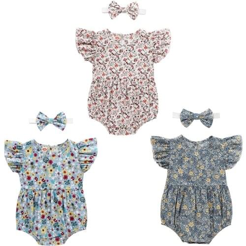 Kid Babies Jumpsuit Baby Girls Floral Ruffle Romper+Headband 2pcs Sets Print Fly Sleeve Romper Floral Infant Summer Clothes Set