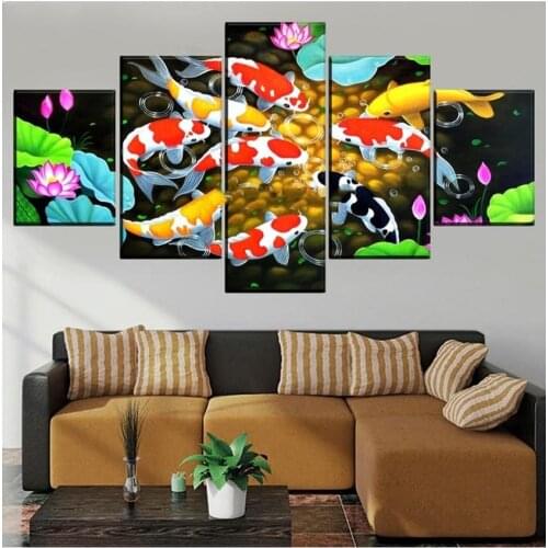Mosaic Diamond embroidery Koi and Lotus Flower Cross Stitch Diamond Painting 5 Pieces diamond pictures For Modern decor