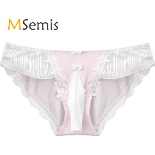 Mens Lingerie Sexy Bulge Pouch Sissy Underwear Flower Embroidery Lace Trim Briefs Panties Low Waist Elastic Waistband Underpants