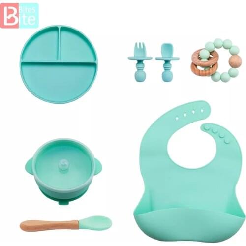 7PCS Baby Feeding Set BPA Free Food Grade Baby Silicone Fork Spoon Dishes Plate Bowl Baby Feeding Supplies Childrens Tableware