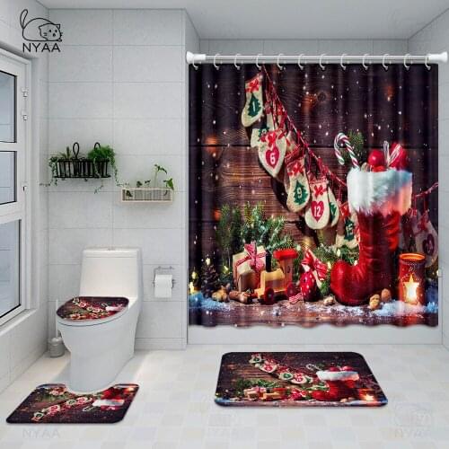 Red Merry Christmas Shower Curtains Set with Rug Carpet Waterpeoof Bathtub Bathroom Screen Toilet Partition Festival Decoration
