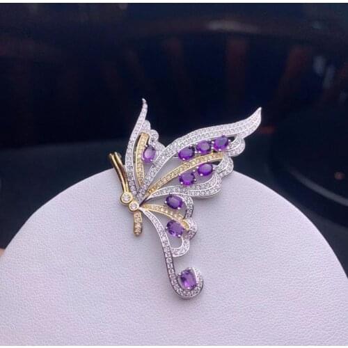 Natural amethyst brooch pendant with 925 sterling silver inlay is an elegant gift for girls' cocktail party