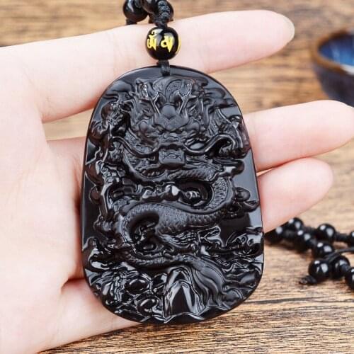 Natural obsidian dragon pendant for men women gold obsidian pendants necklace