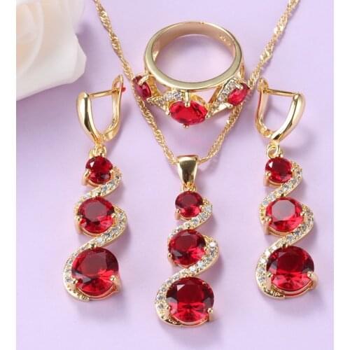 Nigerian Wedding Red Garnet Jewelry Sets Gold-Color African Women Bridal Costume Necklace And Earrings Sets