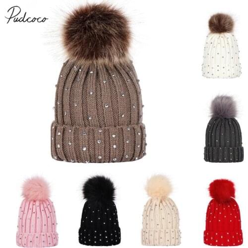 2019 Brand New Winter Fashion Toddler Kid Baby Girl&Boy Beading Hats Warm Crochet Knit Solid Knit Bobble Beanie Ball Cap 0-3T