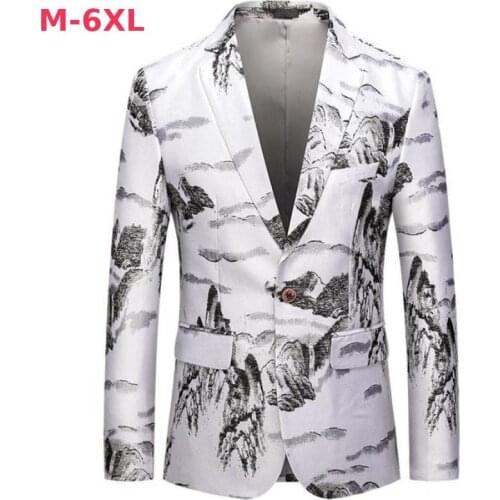New White Men Blazer Luxury Landscape Painting Single Breasted Prom Blazers Men Plus Size 6xl Slim Fit Casual Party Male Blazer
