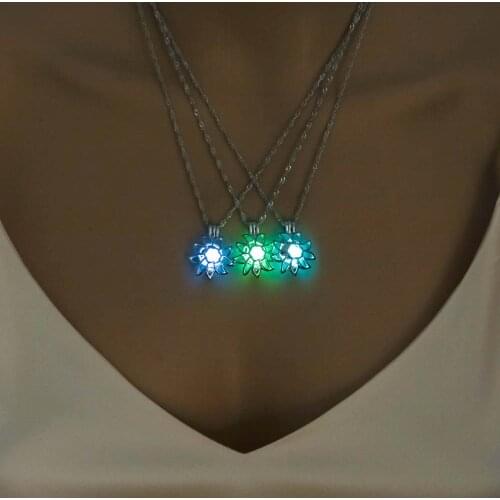 3 Colors Hollow Out Flower Pendant Silver Color Necklace with Glow in the Dark Locket Luminous Stone Pendant Necklace for Women