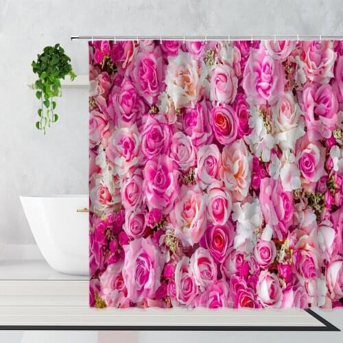 Romantic Rose Flowers Shower Curtain Holiday Decoration Wall Background Hanging Cloth Waterproof Bath Curtains Set With Hooks