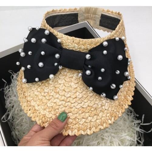 Empty summer sweet bowknot womens visors without top sun hat straw hat female pearl wide brim hat
