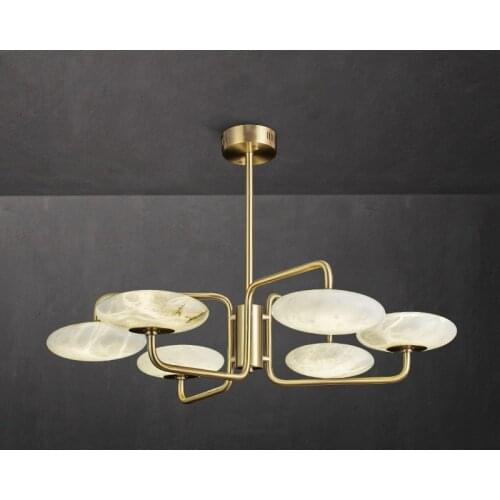 Modern copper marble lamp new Chinese style living room dining room bedroom chandelier Nordic simple staircase long chandelier