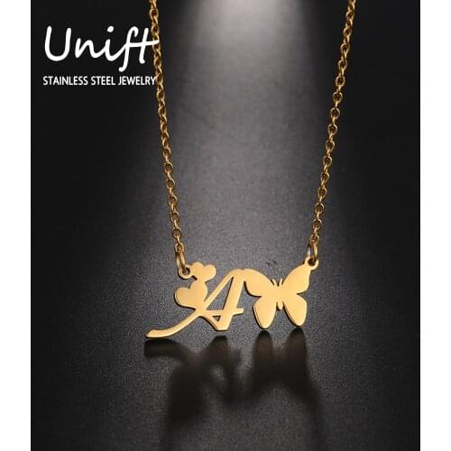 Unift Initial A-Z Alphabet Necklace Stainless Steel Letter Heart Butterfly Pendant Exquisite Fashion Lady Christmas Jewelry Gift