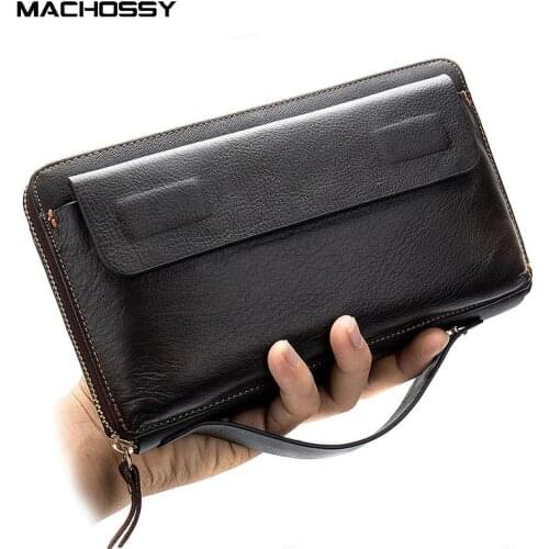 Vintage Cowhide Men Clutch Bag Wallets Genuine Leather Long Purses Large Capacity Business Wallet Zippers Phone Bag For Male