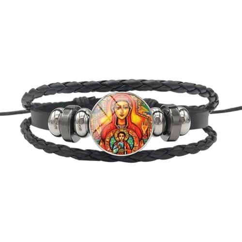 Vintage Snap Button Bracelet Virgin Mary Round Glass Dome Black Leather Charm Bracelets For Women Men Christian Faith Jewelry