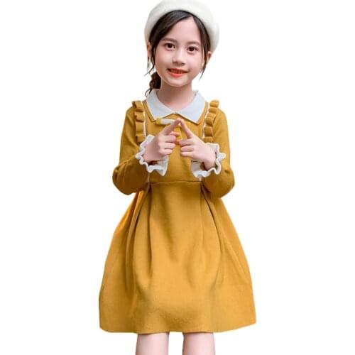 Big Girls Dress With Bow Knitted Dress For Girl Patchwork Dress Kids Autumn Winter Children Clothing