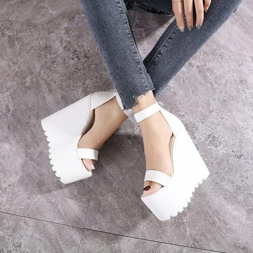 16cm White Wedge Heel New Summer Thick Heel Platform Dance Shoes Sexy T-stage Night Club Super High Heel Womens Sandals