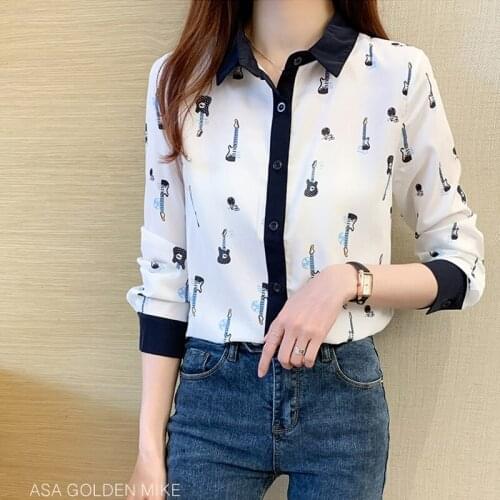 Womens Chiffon Blouses Spring 2021 Korean Printed Long Sleeve Tops Fashion Female OL Shirts Blusas