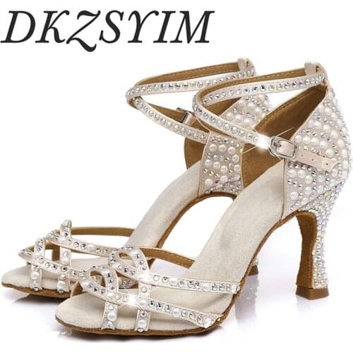 DKZSYIM Women Latin dance shoes Female Girl Ladies tango Ballroom sandal salsa samba Rhinestone Sexy Party Heeled 6-10CM