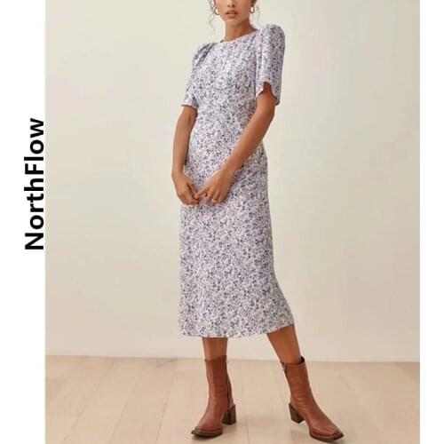 Northflow Women Summer Dress Print Floral Mid-Calf Puff Sleeve De Fiesta Party Dress Vestidos Robe Femme
