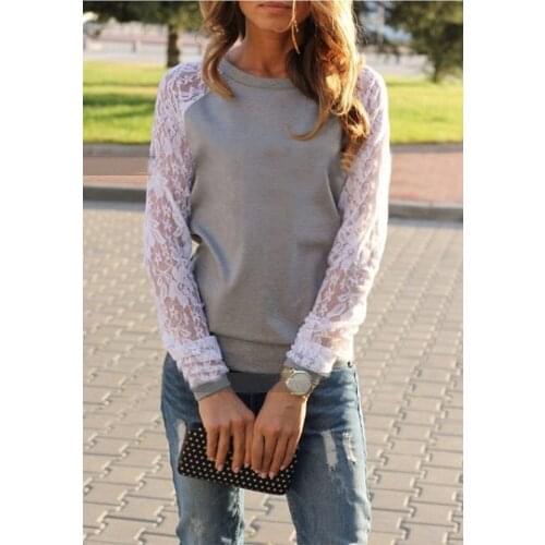 2019 fashion womens lace long sleeve stitching T-shirt round collar loose loose O Neck top patchwork cotton tshirt women clothes