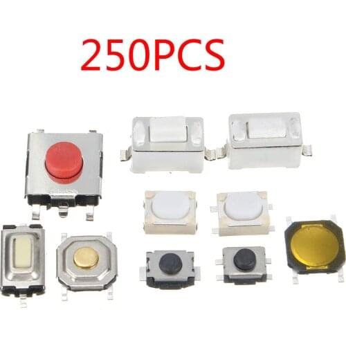 250Pcs 10 Types Tactile Push Button Touch Switch Remote Keys Button Microswitch For TV, Audio Equipment, Video Recorder Switches