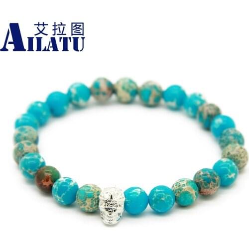 Ailatu Fashion Individualized Skull Jewelry 8mm Natural Sea Sediment Stone Bead Silver Color Skeleton Yoga Bracelet Buddha