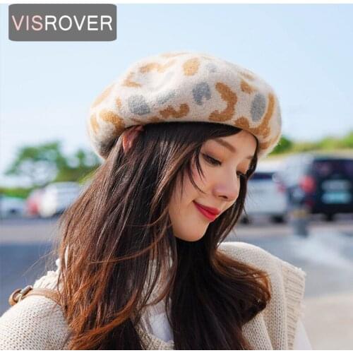 VISROVER winter woman wool beret female knitted leopardskin wool cap autumn winter hat top quality Women Boina wholesales