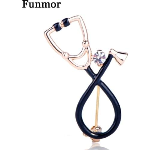 FUNMOR Black Enamel Stethoscope Shape Brooch Gold Color Crystal Tool Lapel Pins Doctor Brooches Badge Women Men Shirt Decoration