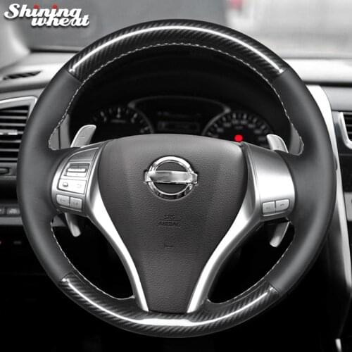 Shining wheat Black Genuine Leather Pu Carbon Fiber Steering Wheel Cover for Nissan 2014 X-Trail QASHQAI Sentra 2013 Teana