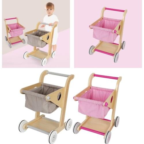 Wooden Children Handcart Pretend Role Play Lifelike Play house Simulation Supermarket Push Grocery Toys Basket