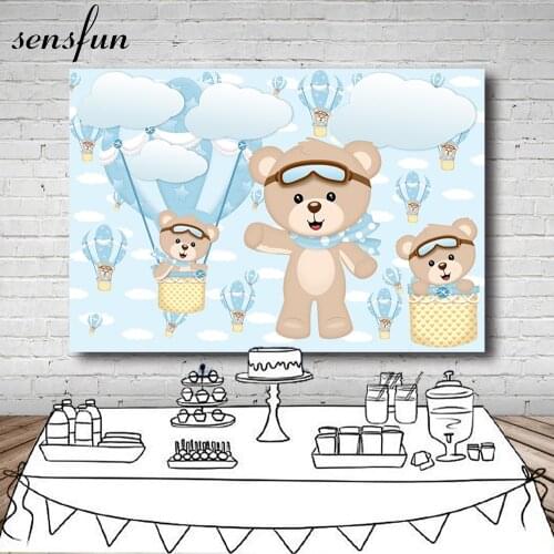 Sensfun Blue Theme Hot Air Balloons Boys Baby Shower Background For Photo Studio Bear Birthday Party Photography Backdrop Custom