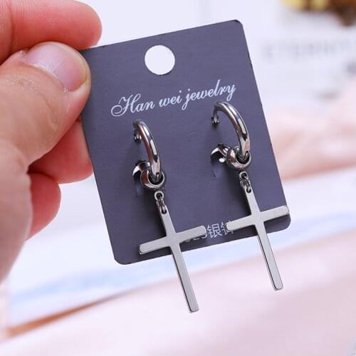 JUWANG Vintage Cross Pendant Earrings For Women Men Stainless Steel Punk Hoop Drop Dangle Earrings Fashion Jewelry Pendientes