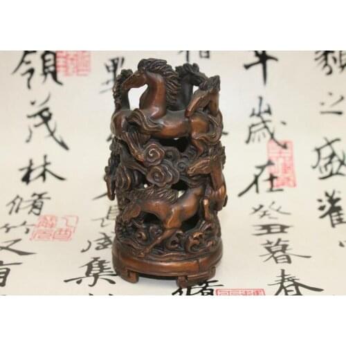 Chinese fengshui Bronze Galloping horse Vase Pot Pencil Pen case Royal Statue