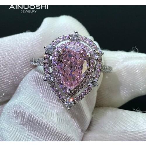 AINUOSHI 925 Sterling Silver 7x10mm Pear-shaped Cut Lad Created Pink Sapphire Engagement Rings for Women Wedding Halo Rings