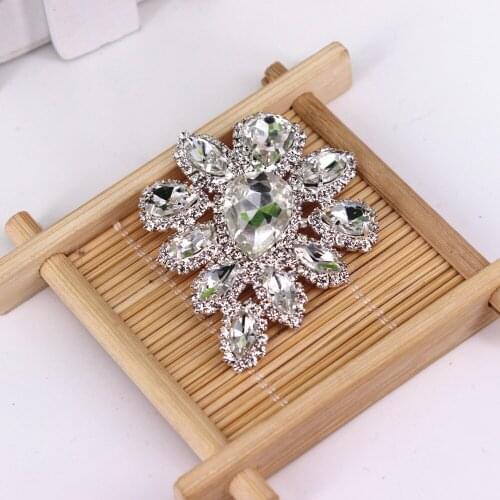 4.5x5.8cm Luxury Rhinestone Clear Crystal Navette Round Sewing On Rhinestone Applique Silver Gold Base Wedding Dress Applique