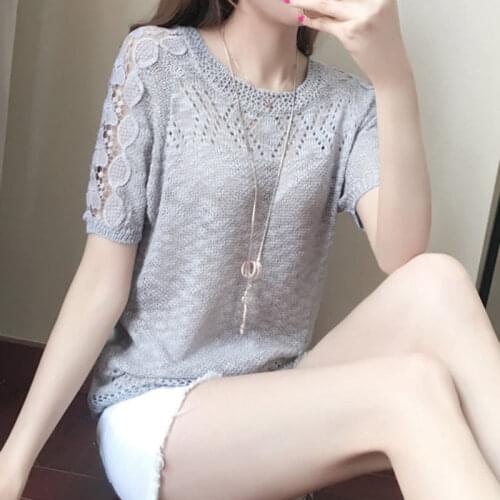 Lace Tops Women Summer New Sexy O-neck Hollow Half Sleeve T-Shirt Female Summer Korean Blusas Femininas Top Clothing X163