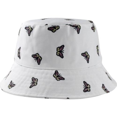 Korean Unisex Summer Foldable Bucket Hat White Harajuku Butterfly Printed Short Brim Sunscreen Fisherman Cap