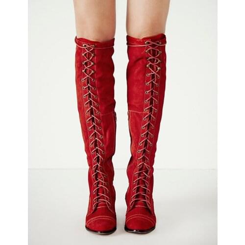 Autumn Winter Fashion Women Suede Leather Lace-up Thick Heels Knee High Boots Chunky Heel Comfortable Mid-Heel Long Boots