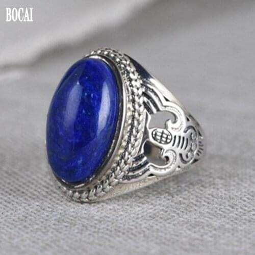 BOCAI 2021 Trend New Real Pure S925 Silver Jewelry Fashionable Inlaid with Lapis Lazuli Hollow Pattern Man and Woman ring