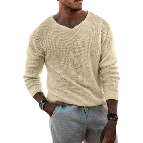 Men Sweater Long Sleeve Solid Color Fashion Breathable V Neck Stretchy Knitted Pullover Casual Sweater Loose Stylish Streetwear
