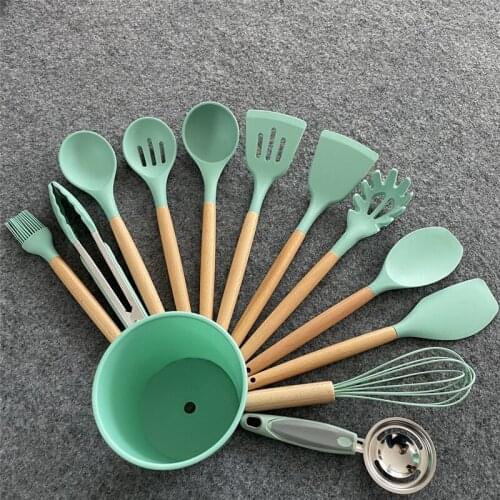 Wooden Handle Silicone Kitchenware Set Silicone 12-piece Spatula Soup Spoon Non-stick Cookware Baking Barbecue Tools