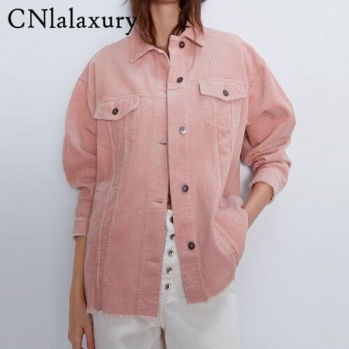 CNlalaxury 2021 ZA New Spring Autumn Women Vintage Pink Corduroy Jacket Coat Casual Boyfriend Loose Outwear Tops Female Jackets