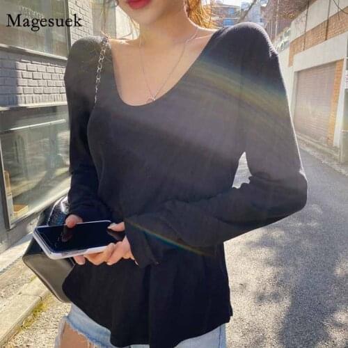 V-neck Autumn Fashion Women Korean Pop Tops Long Sleee Womens Shirts Black Sexy T-shirt Loose Female Streetwear T-shirts 11980