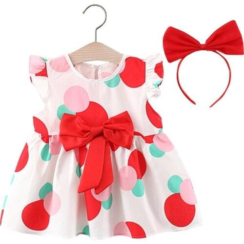 Girls Casual Bow Dresses with Straw Hat Summer Print Dot O-Neck Short Sleeve Kids Dress + Bow headband