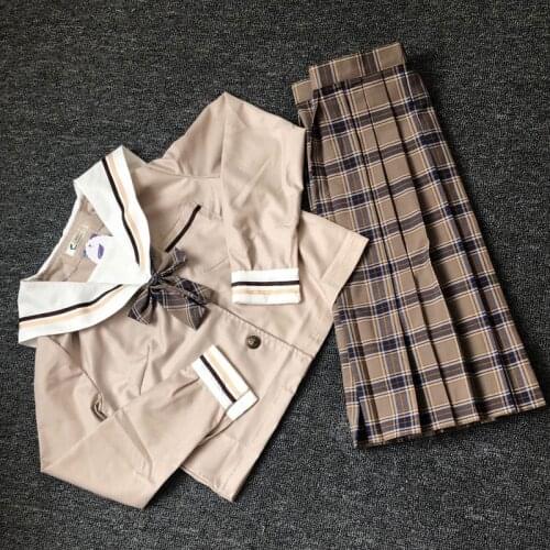School Dresses Japanese College Middle School Uniform For Girls Jk Uniforms Lady Sailor Suit Tea Brown Color Plaid Pleated Skirt