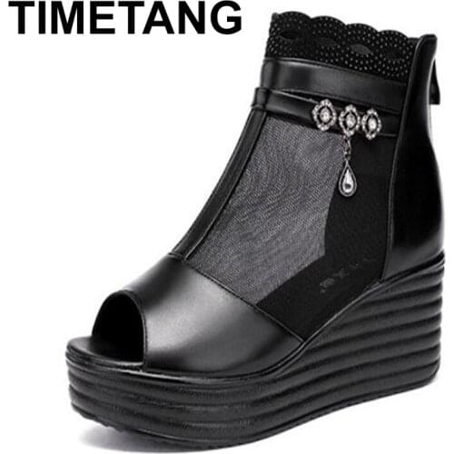 TIMETANGSize 33-43 Open Head Platform Wedges Shoes Summer 2021 Breathable Mesh Medium Heel Boots Women OL Office Footwear